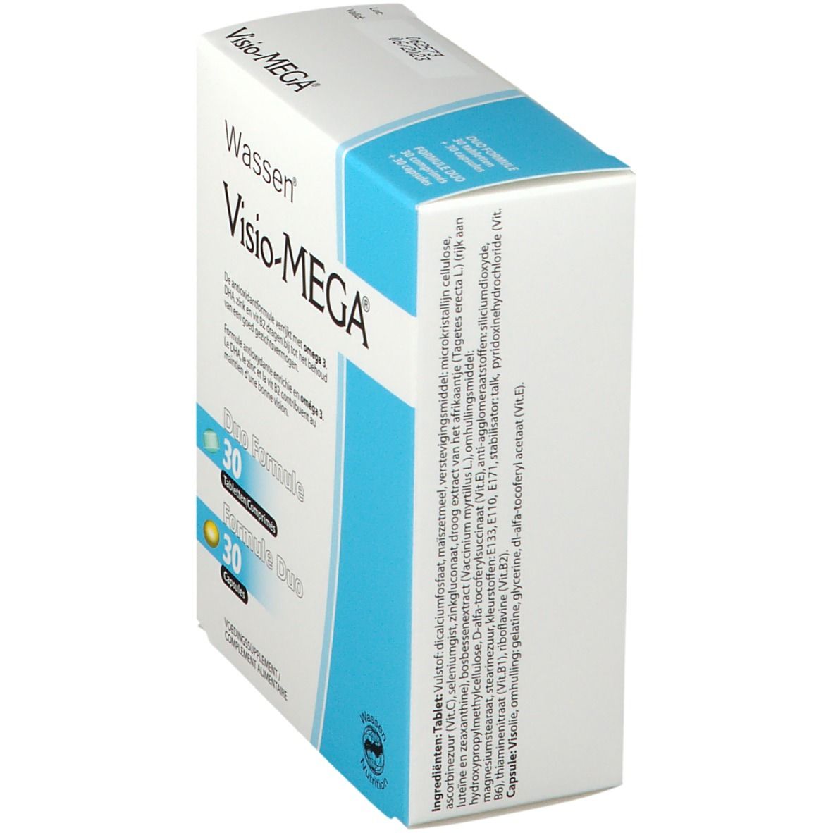 Zijaanzicht van de Visio-MEGA® verpakking. Bevat informatie over ingrediënten en voedingswaarde. Witte en blauwe doos.