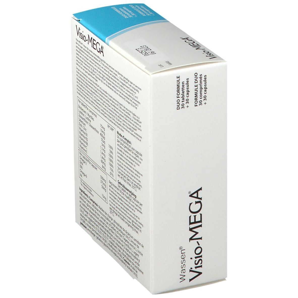 Visio-MEGA® verpakking, schuine weergave. Bevat productnaam en informatie. Witte en blauwe doos.