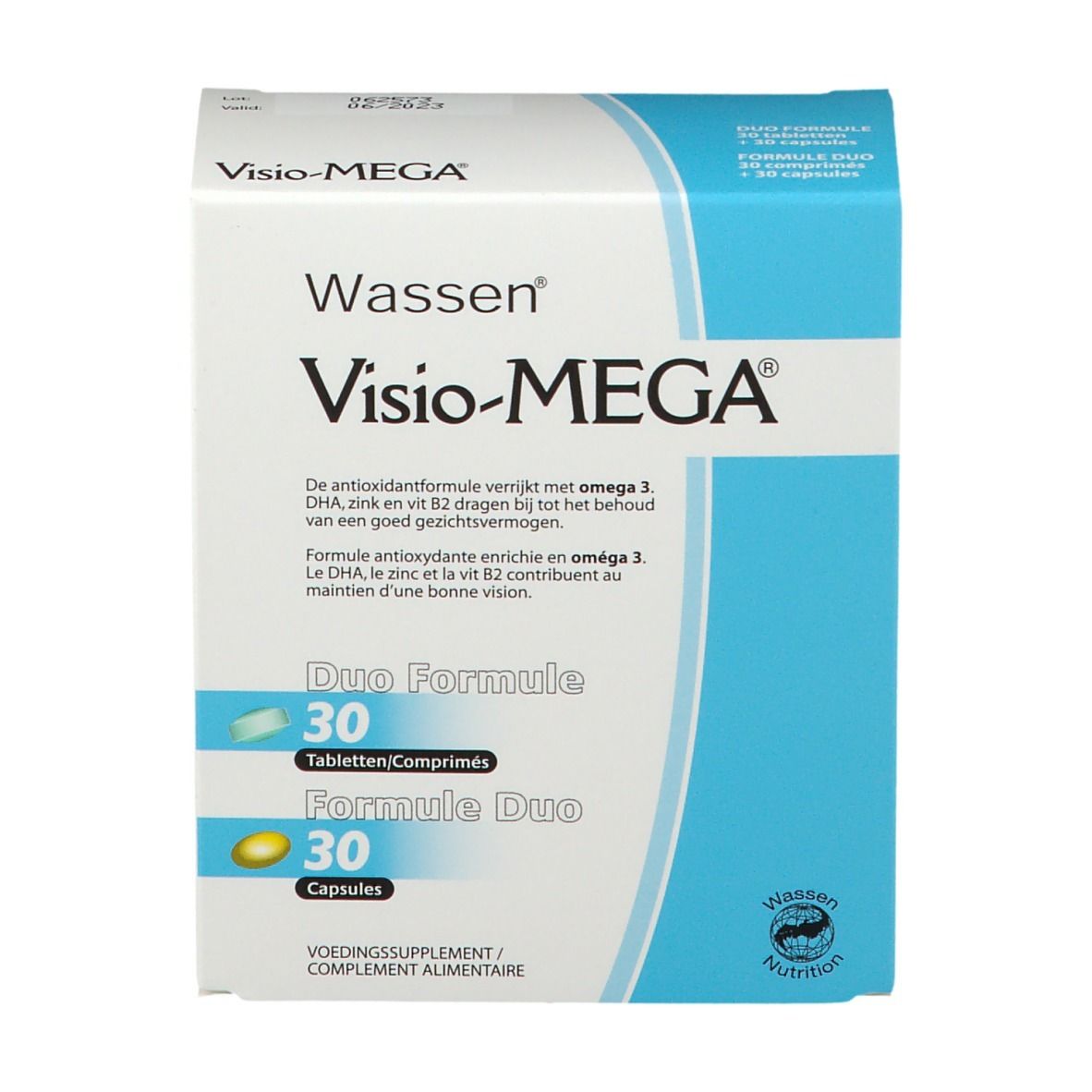 Visio-MEGA® verpakking. Duo Formule met 30 tabletten en 30 capsules. Blauw en witte doos met productnaam en logo.