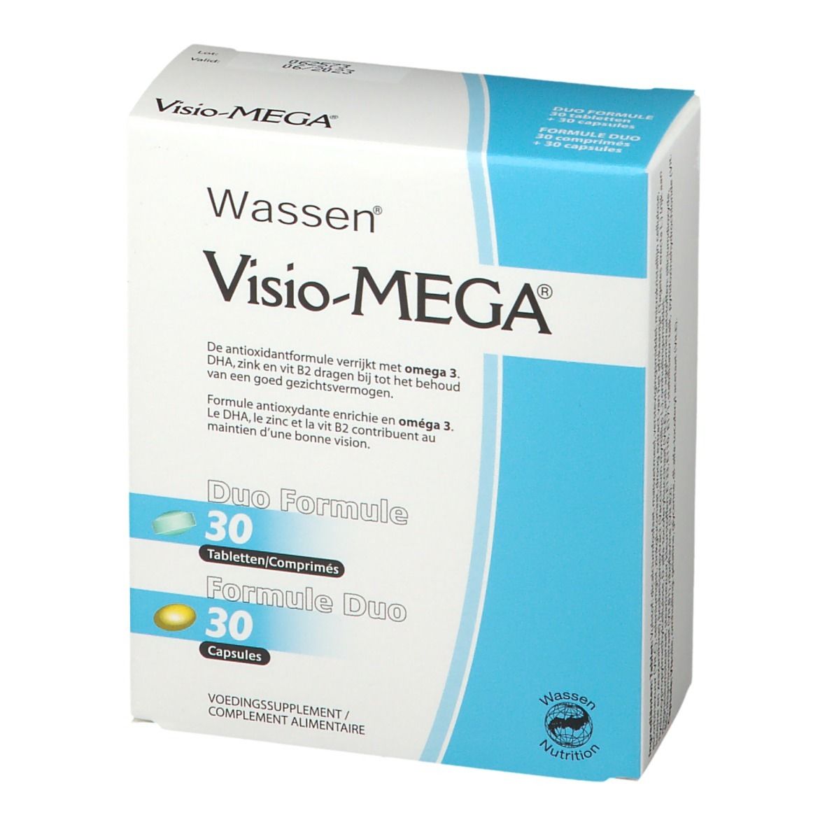 Visio-MEGA® verpakking. Duo Formule met 30 tabletten en 30 capsules. Blauw en witte doos met productnaam en logo.