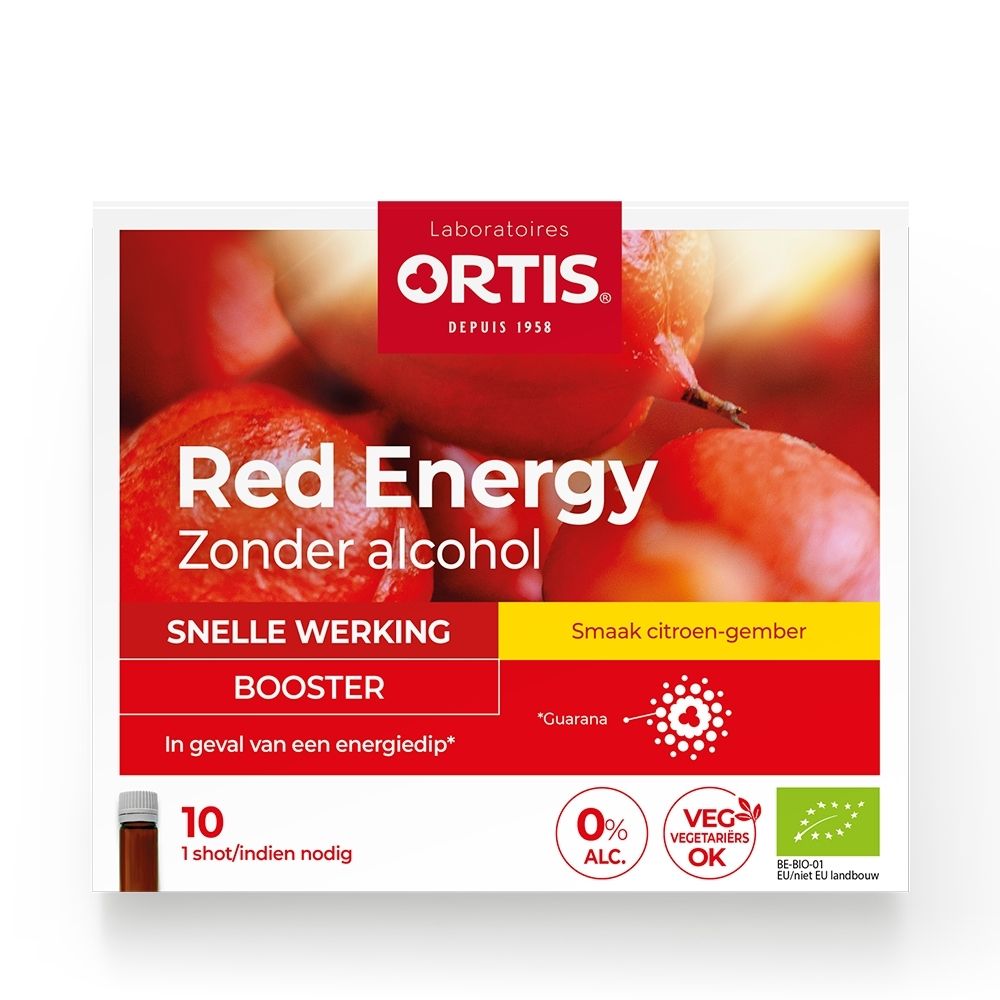Ortis Red Energy verpakking 10 shots, citroen-gember smaak, 0% alcohol, vegetariano.