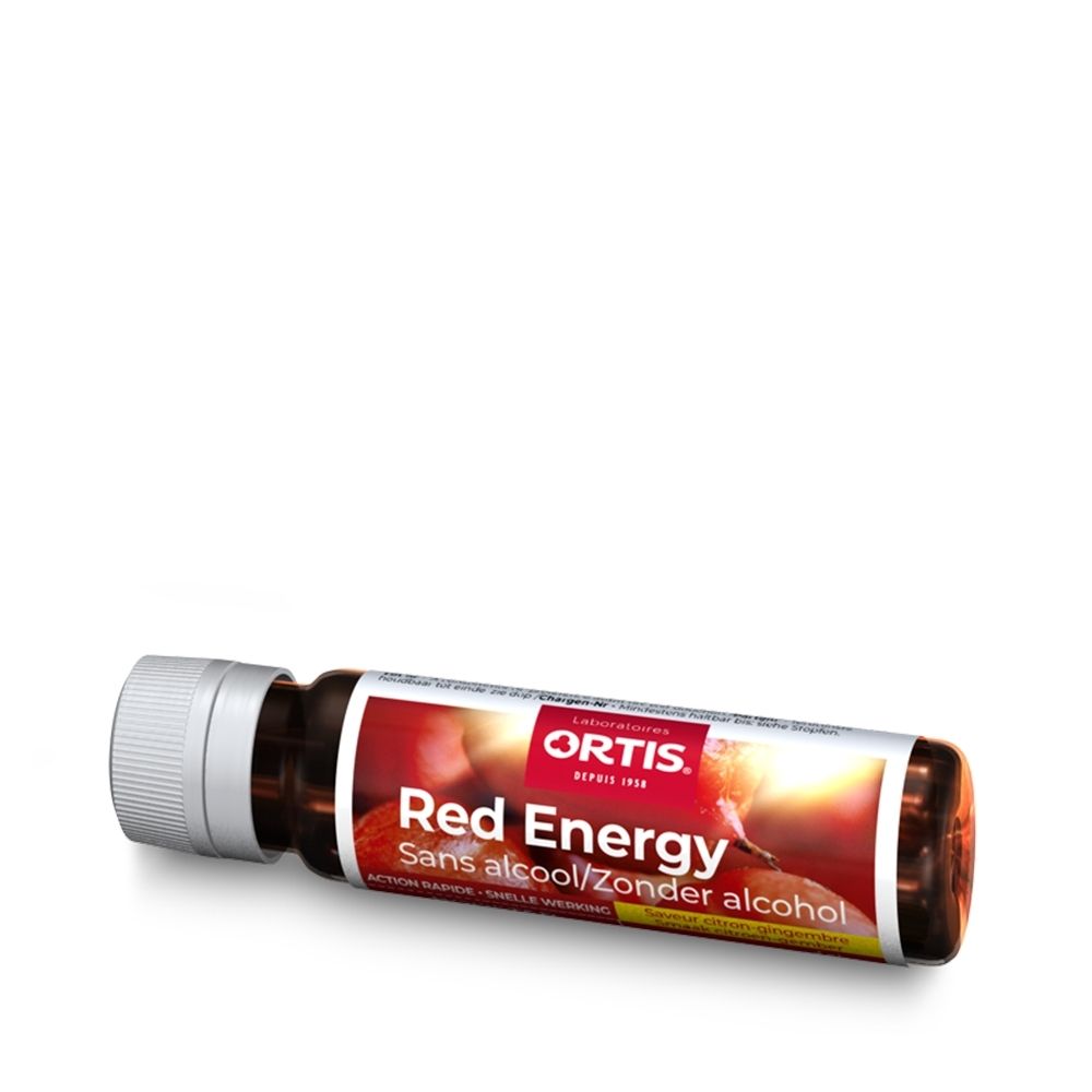 Flacon en verre brun avec bouchon à vis blanc et étiquette "ENERGY EXPRESS BIO BOOSTER".