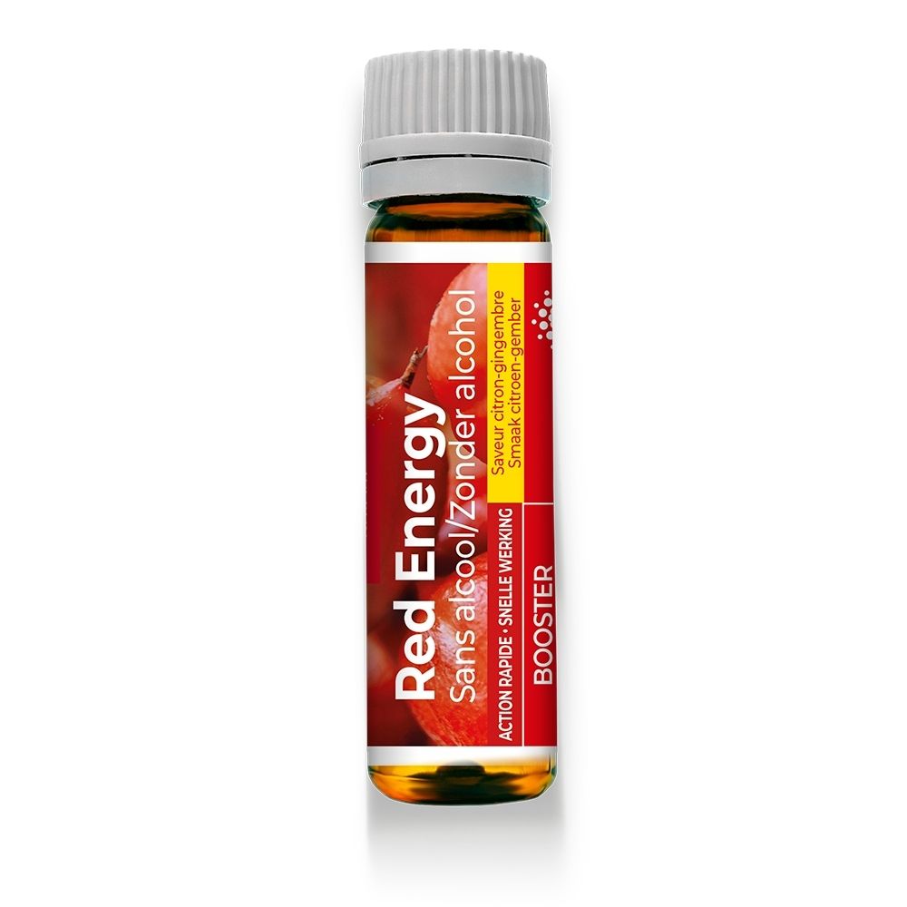 Bruin glazen flesje met witte schroefdop, etiket met barcode en "ENERGY EXPRESS BIO BOOSTER".