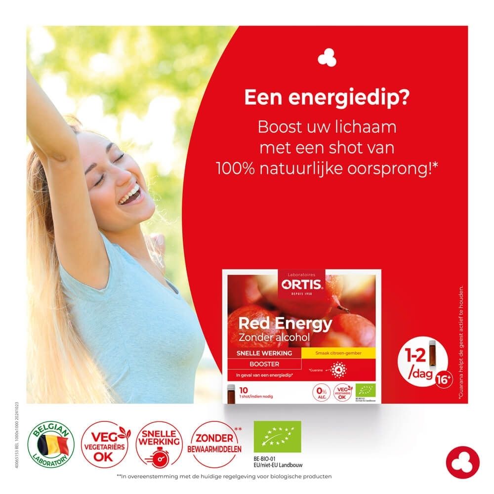 Bruin glazen flesje met witte schroefdop, etiket "Ortis Red Energy Sans alcool/Zonder alcohol".