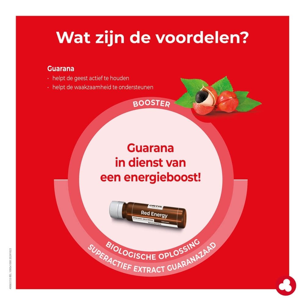 Bruin glazen flesje met witte schroefdop, etiket met "15 ml" en "Ortis Red Energy".