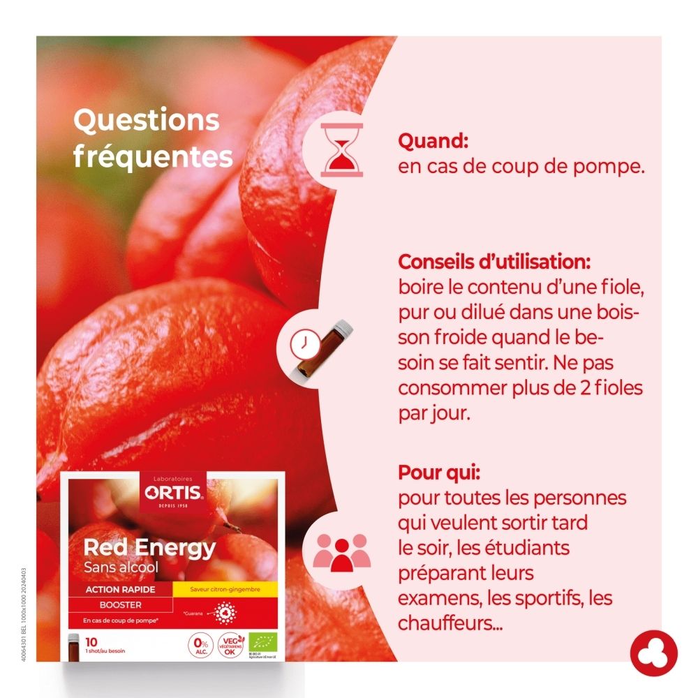 Flacon en verre brun avec bouchon à vis blanc, étiquette "Ortis Red Energy Sans alcool/Zonder alcohol".
