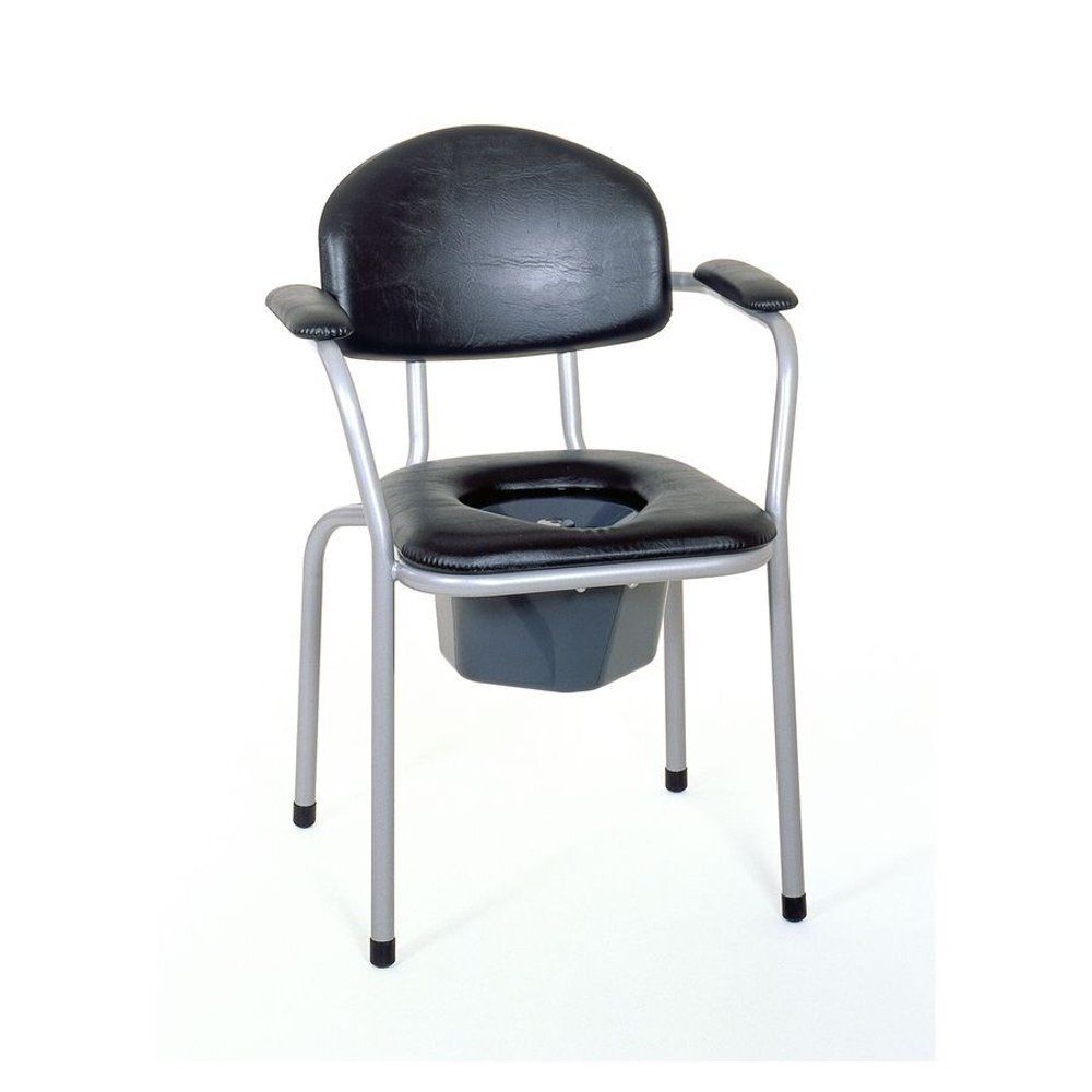 Siège de toilette noir et gris avec accoudoirs, cadre gris et seau amovible.