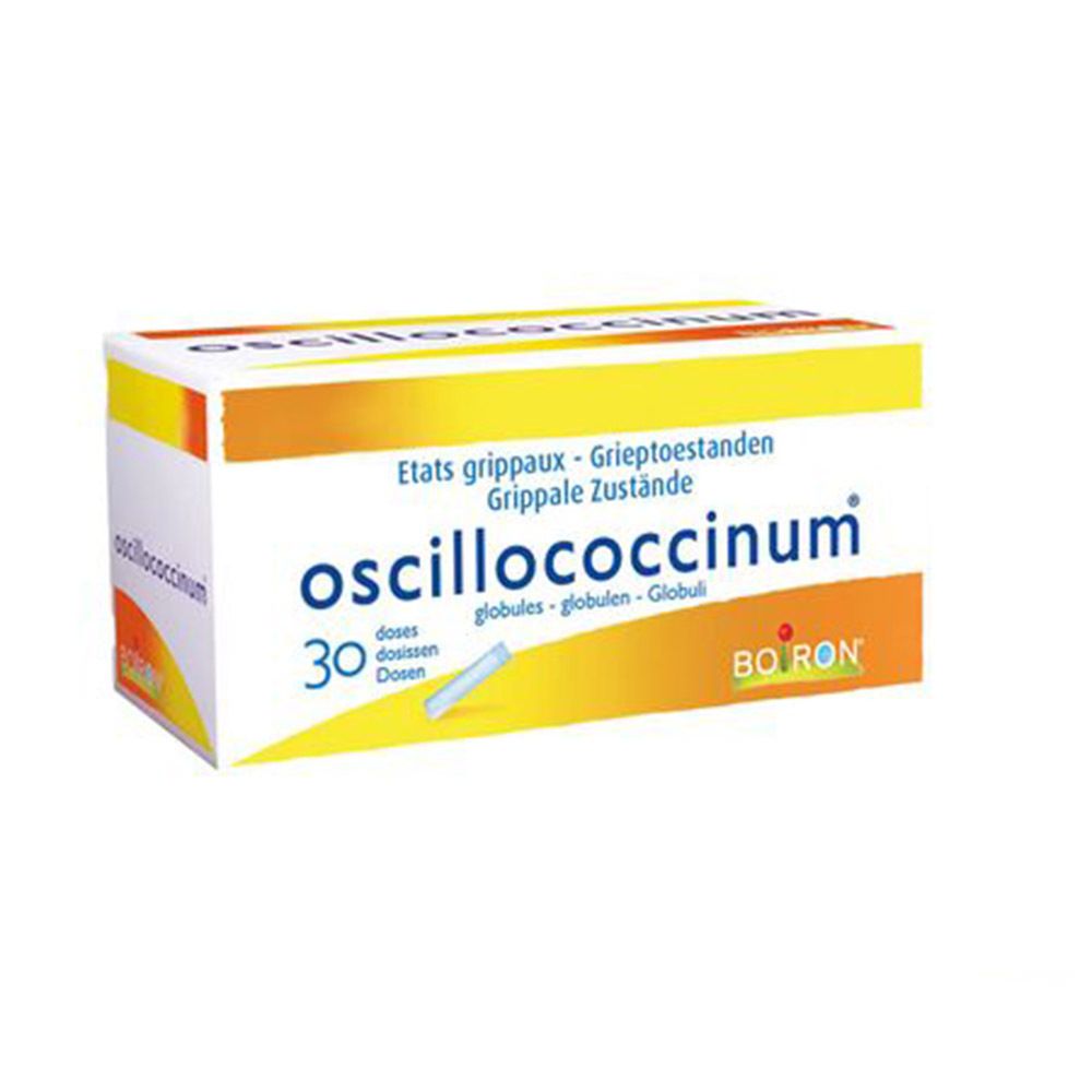 Boîte d'Oscillococcinum, 30 doses. Jaune, orange et blanc. Texte: Etats grippaux, Griep toestand.