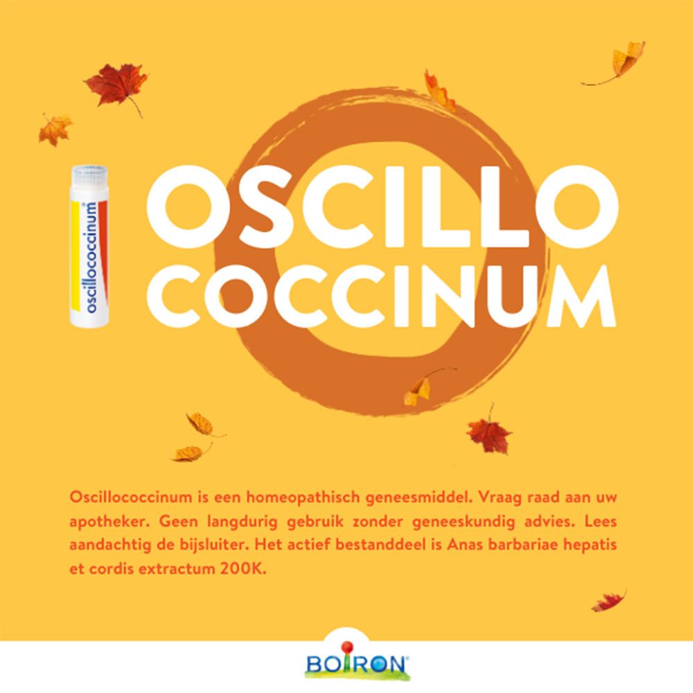 Gele achtergrond met tekst en cirkel. Oscillococcinum-tube. Tekst: Oscillococcinum, Boiron.