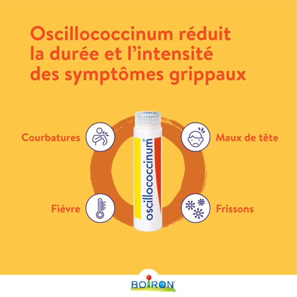 Fond jaune avec texte et symboles. Tube d'Oscillococcinum. Texte: Oscillococcinum, Boiron.