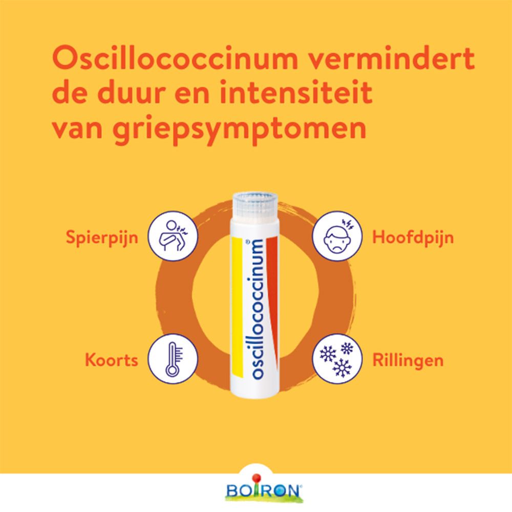 Gele achtergrond met tekst en symbolen. Oscillococcinum-tube. Tekst: Oscillococcinum, Boiron.