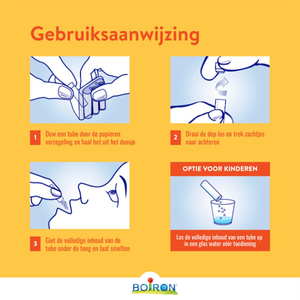 Gele achtergrond met tekst en illustraties. Oscillococcinum-tube. Tekst: Oscillococcinum, Boiron.