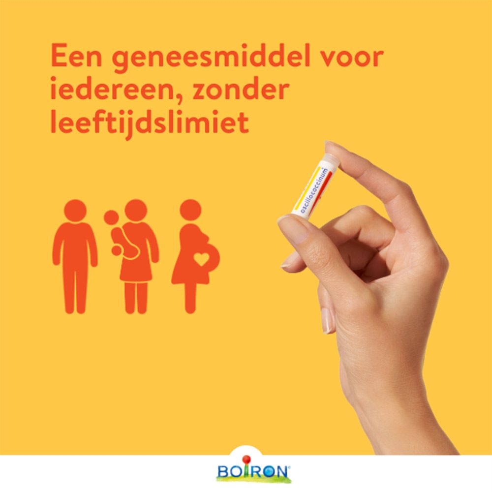 Gele achtergrond met tekst en illustraties. Oscillococcinum-tube. Tekst: Oscillococcinum, Boiron.