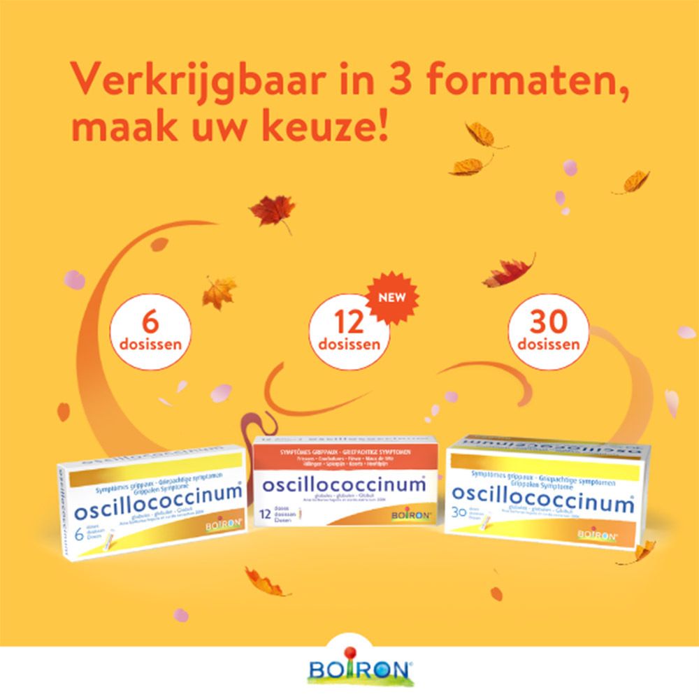 Gele achtergrond met tekst en illustraties. Oscillococcinum-tube. Tekst: Oscillococcinum, Boiron.