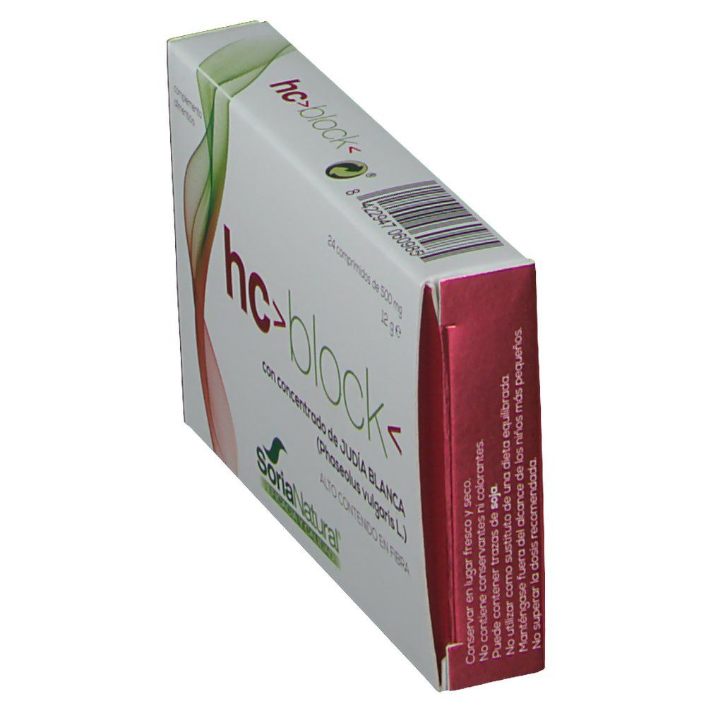 Schuine weergave van de hc>block< verpakking. Bevat 24 tabletten. Merk Soria Natural.