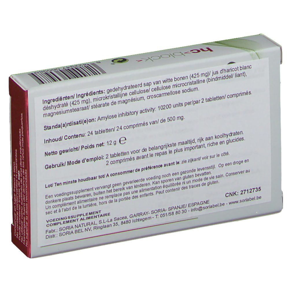 Achterkant van de hc>block< verpakking. Bevat ingrediënten en instructies. CNK 2712735.