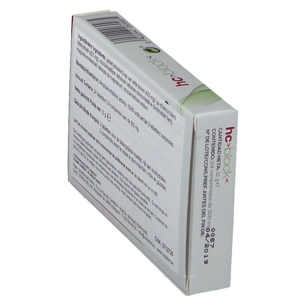 Schuine weergave van de hc>block< verpakking. Bevat 24 tabletten. Houdbaarheidsdatum.