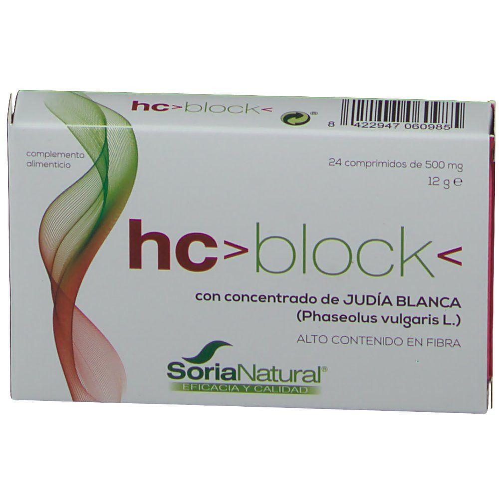 Verpakking hc>block< met 24 tabletten. Bevat witte bonen extract. Merk Soria Natural.