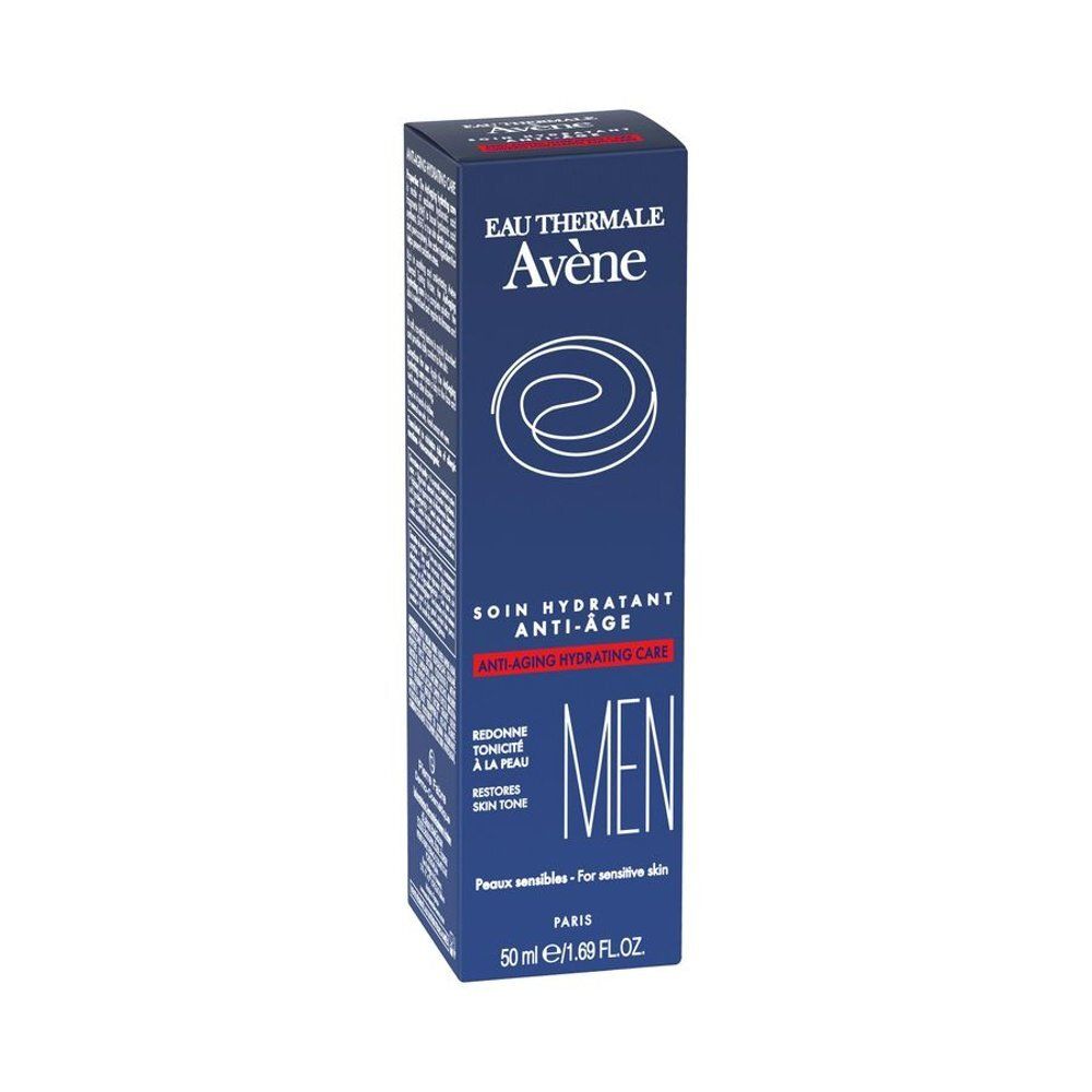 Blauwe kartonnen verpakking met witte tekst. 'Eau Thermale Avène' en 'MEN Anti-Age' zijn zichtbaar. 50 ml.
