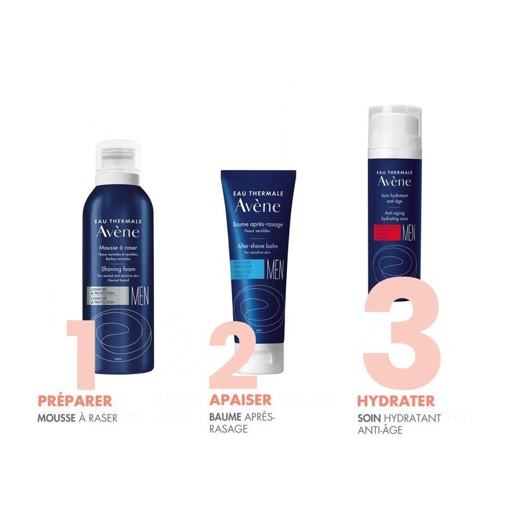 Trois produits: Mousse à raser, Baume après-rasage et Soin hydratant anti-âge. Tous avec 'Avène MEN'.