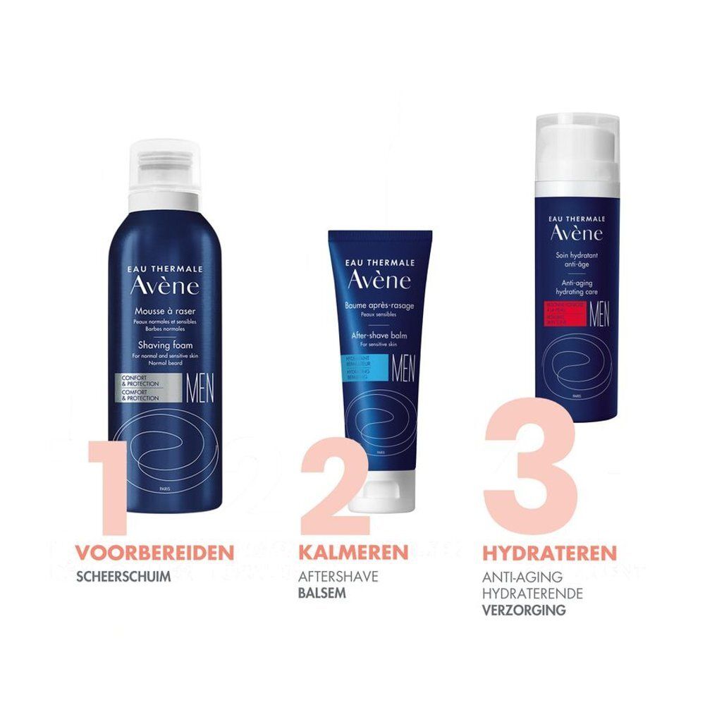 Drie producten: Scheerschuim, Aftershave balsem en Anti-aging hydraterende verzorging. Alle met 'Avène MEN'.