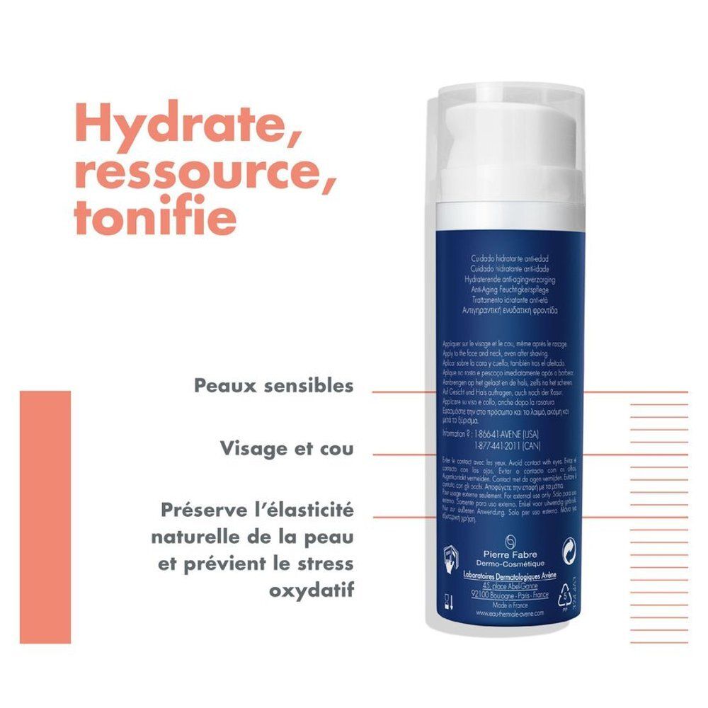 Flacon cylindrique avec bouchon blanc. Texte multilingue. Logo Pierre Fabre et symboles de recyclage.