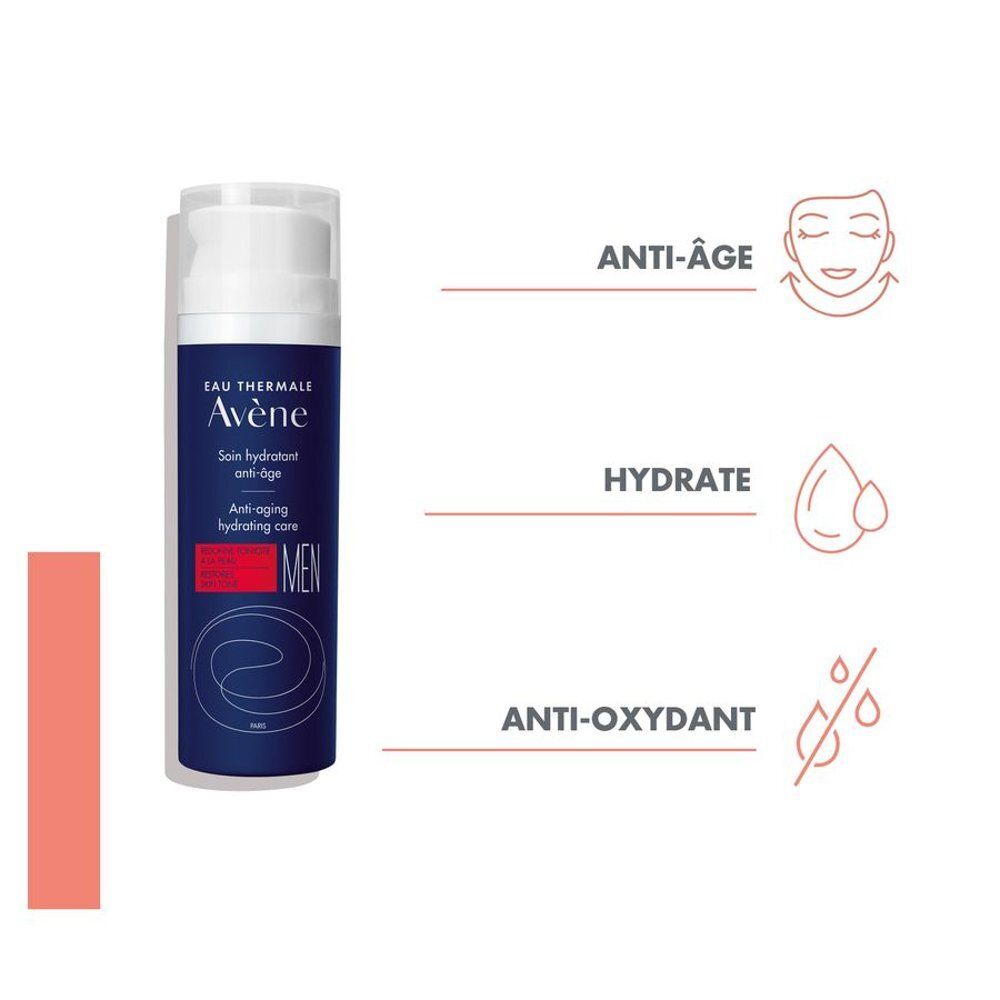 Flacon cylindrique avec bouchon blanc. 'Avène' et 'MEN' sont visibles. Anti-âge et hydratation.