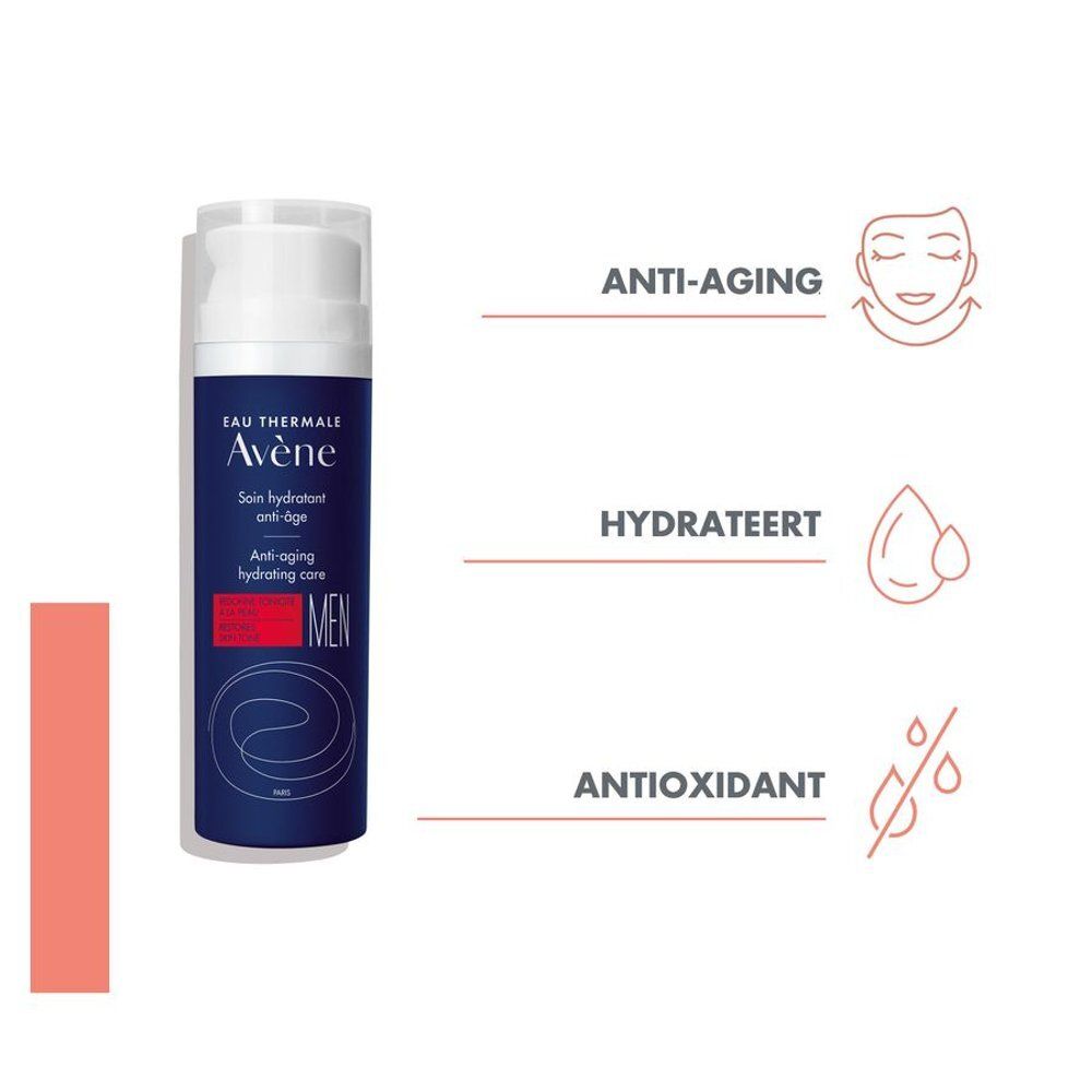 Cilindrische fles met witte dop. 'Avène' en 'MEN' zijn zichtbaar. Anti-aging en hydratatie.