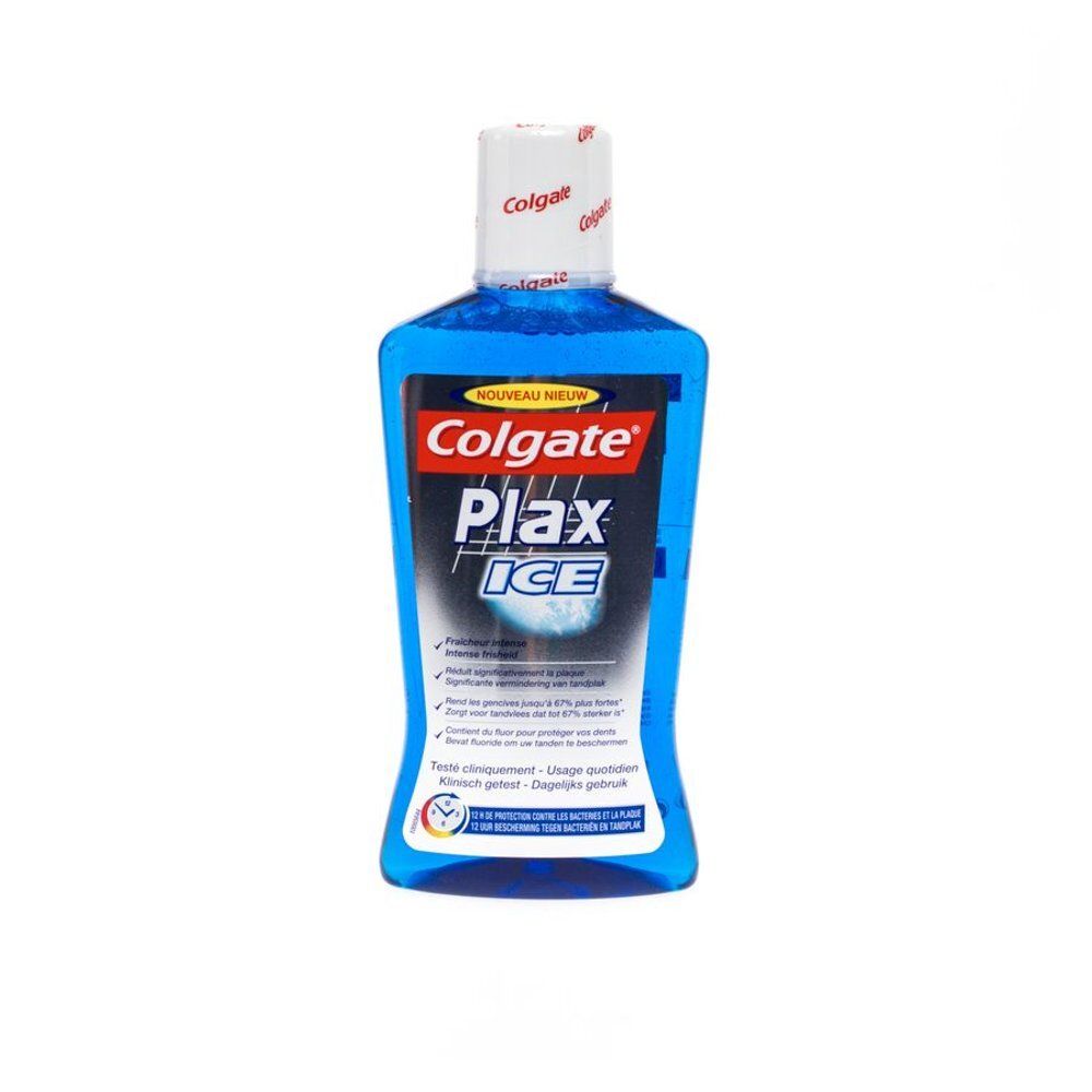 Flacon bleu Colgate Plax Ice. Bouchon blanc, logo rouge Colgate. Texte: Nouveau, Plax Ice. Liquide clair.