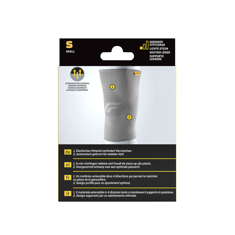 Achterkant van de verpakking van de 3M FUTURO Comfort Lift kniebeschermer, maat S. Productillustratie. Tekst in het Duits, Nederlands, Frans, Italiaans.