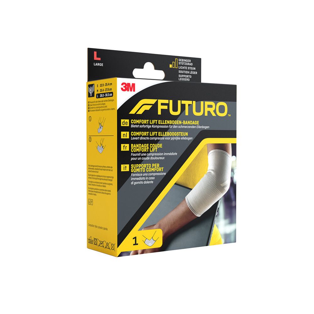 Futuro™ Comfort Lift Elleboogsteun, maat L. Verpakking toont maten en productafbeelding.