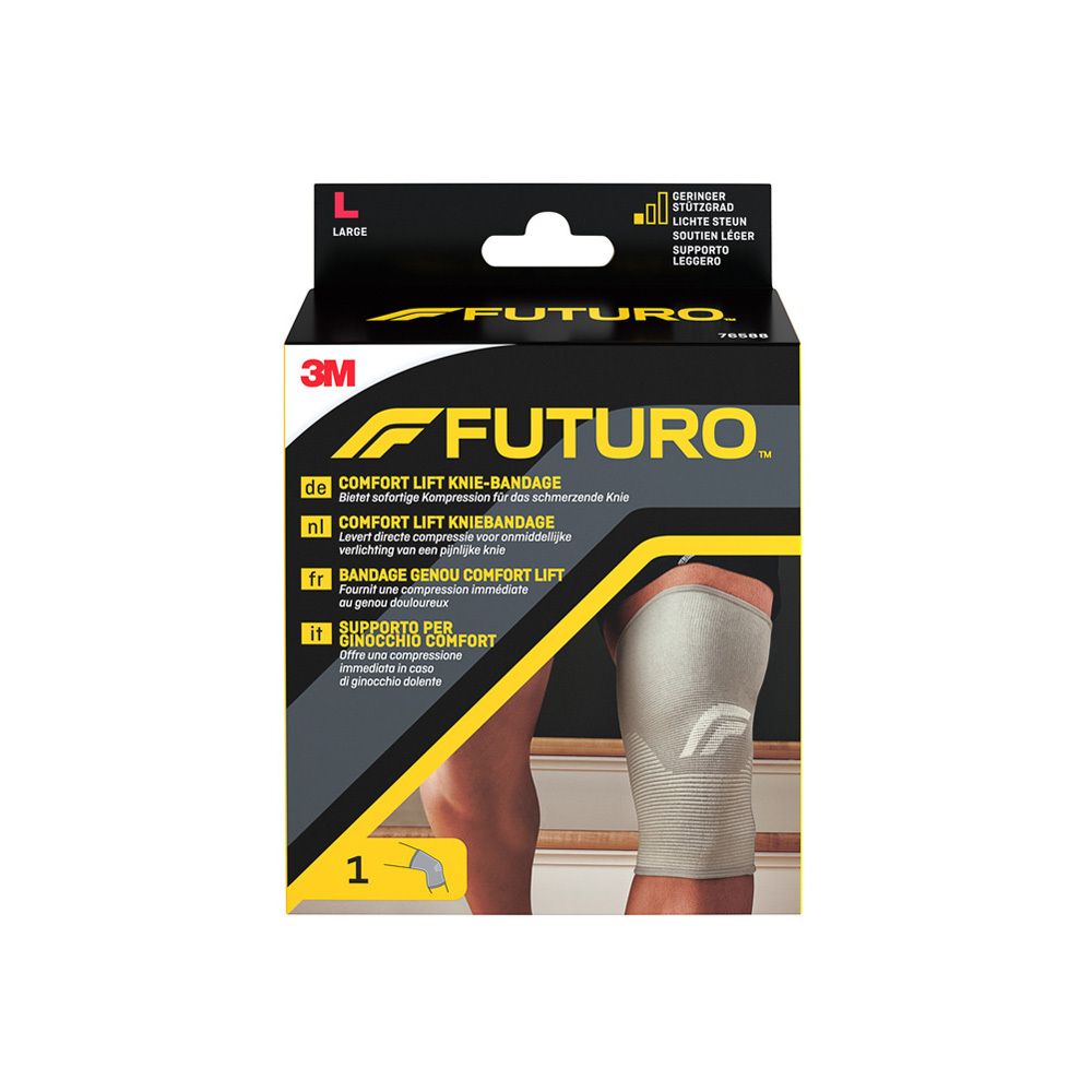 FUTURO Comfort Lift Kniebandage, maat L. Verpakking met productafbeelding. 3M-logo en productnaam zichtbaar.