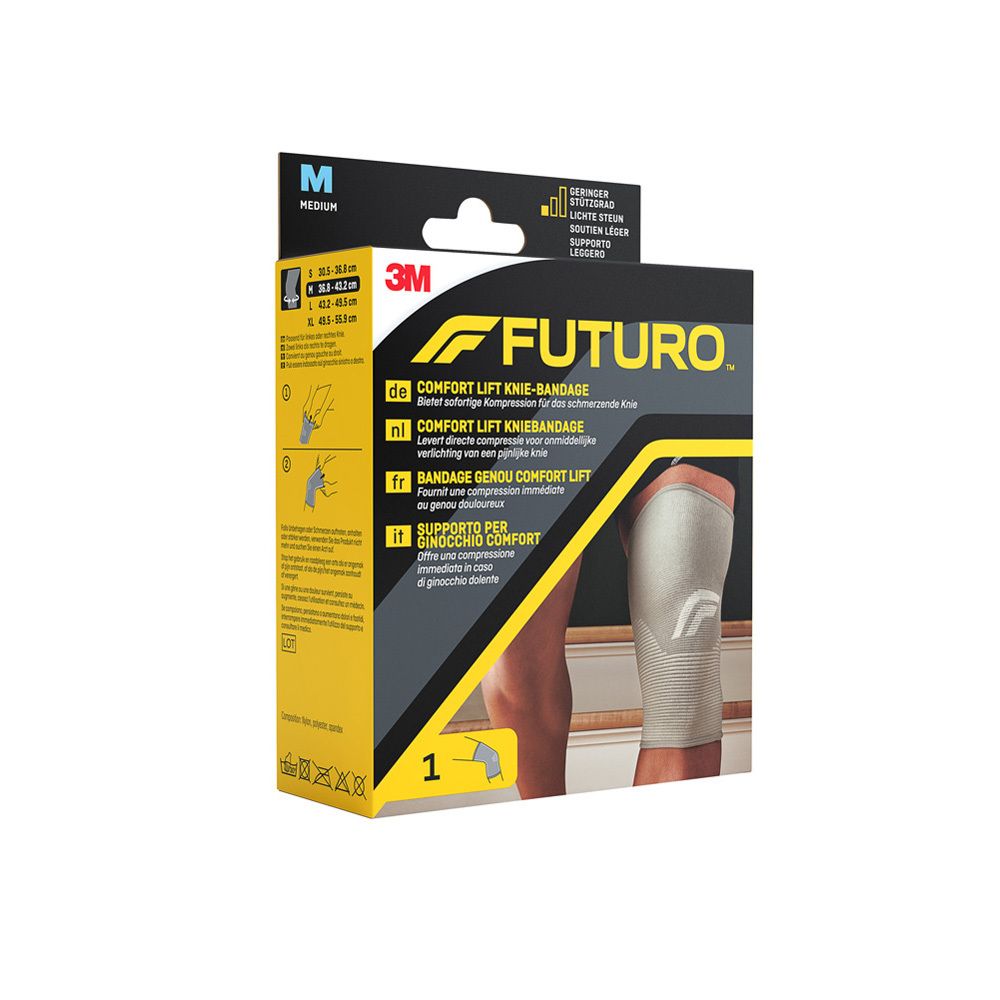 3M FUTURO™ Comfort Lift kniebandage, maat M, in verpakking. Doos met maatindicaties en productafbeelding.