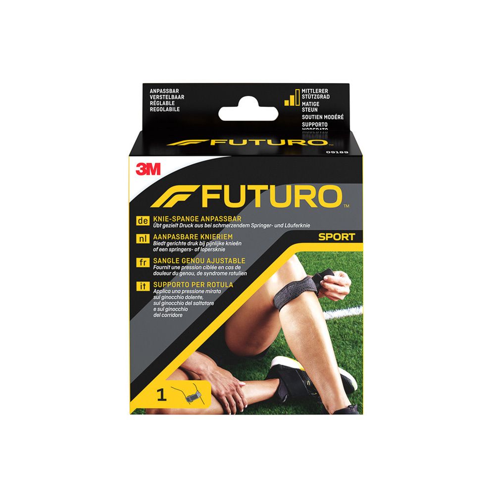 Verpakking van de 3M™ Futuro™ Sport kniebrace. Productafbeelding met been en kniebrace.