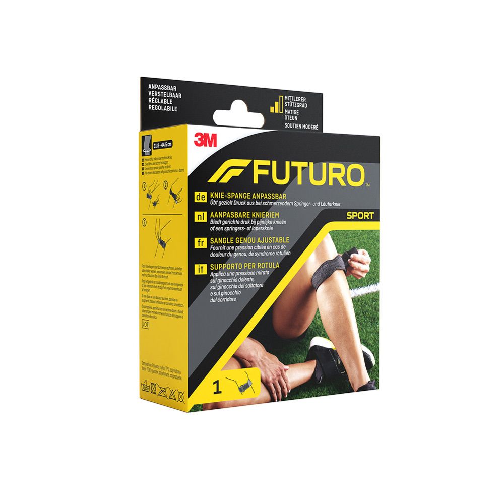 Verpakking van de 3M™ Futuro™ Sport kniebrace. Productafbeelding met been en kniebrace.