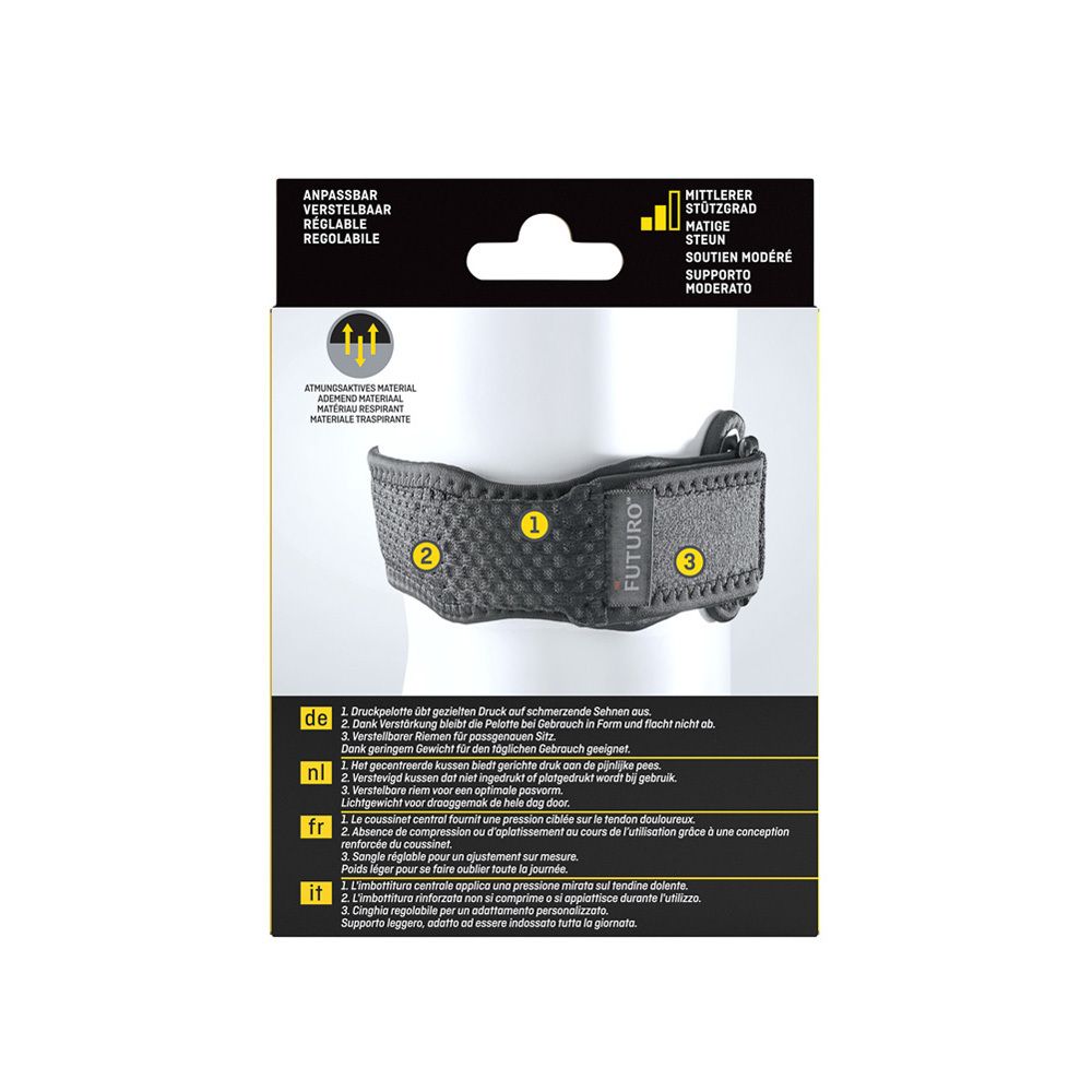 Verpakking van de 3M™ Futuro™ Sport kniebrace. Productafbeelding met been en kniebrace.