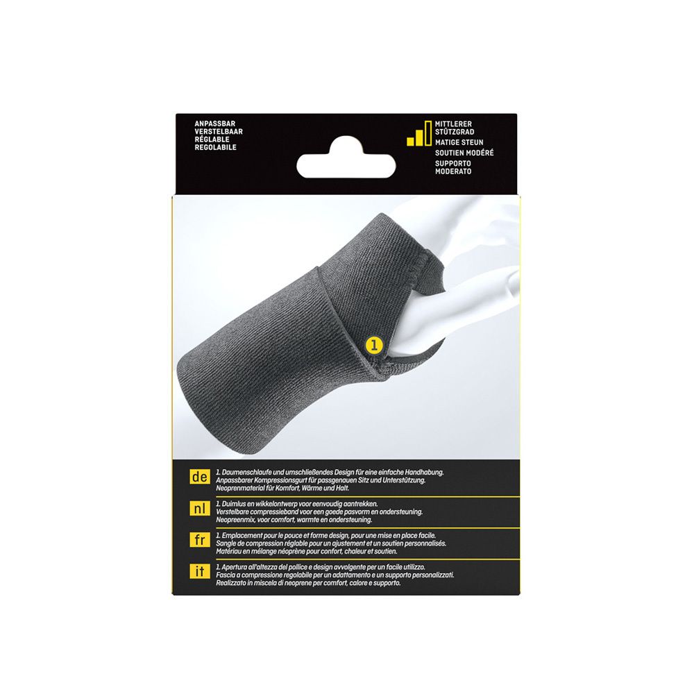 Verpakking van de polsbandage. Productafbeelding en tekst. 3M en Futuro logo's. Maat.