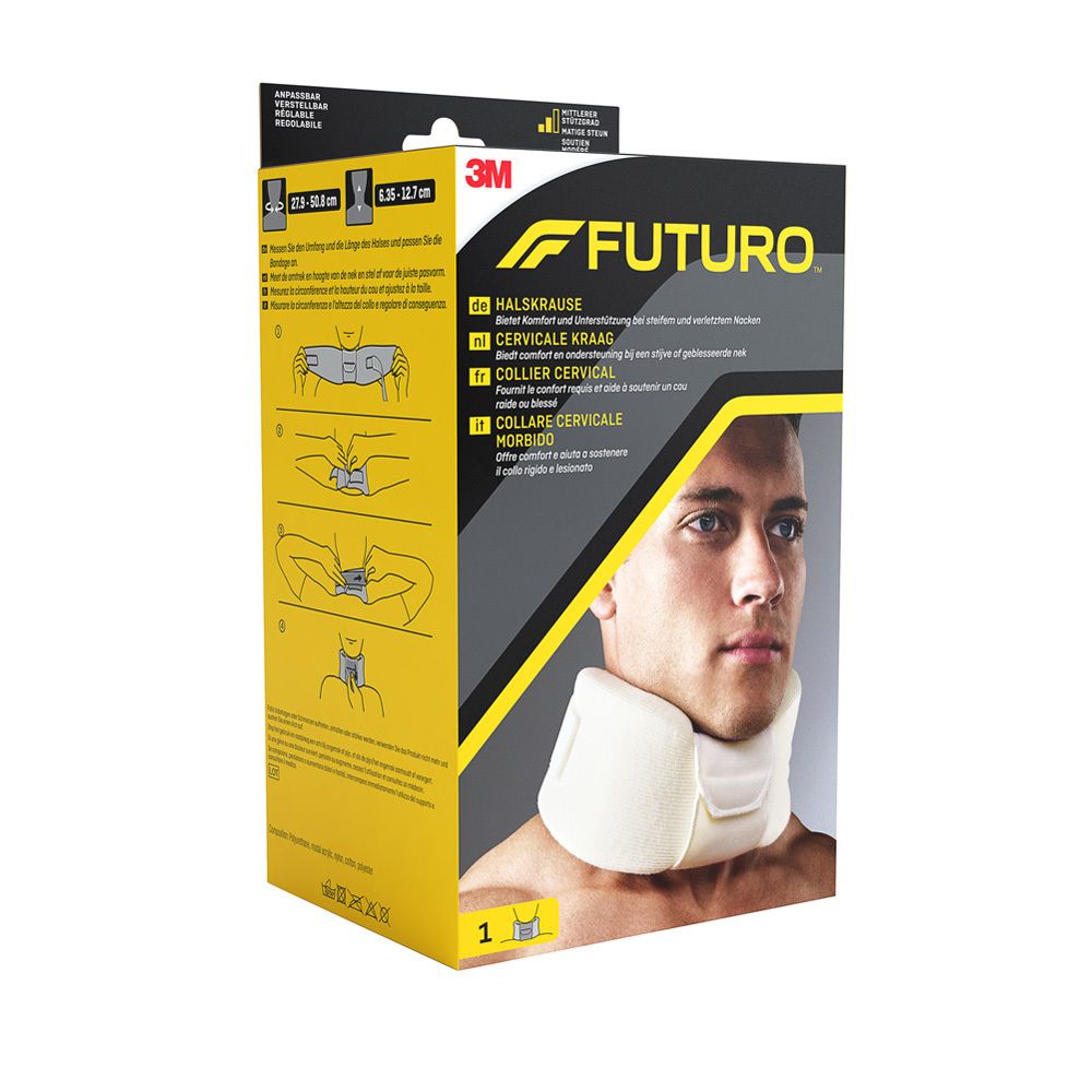 Dos de l'emballage. Collier cervical vu de dos. Textes en allemand, néerlandais, français et italien. Caractéristiques du produit.