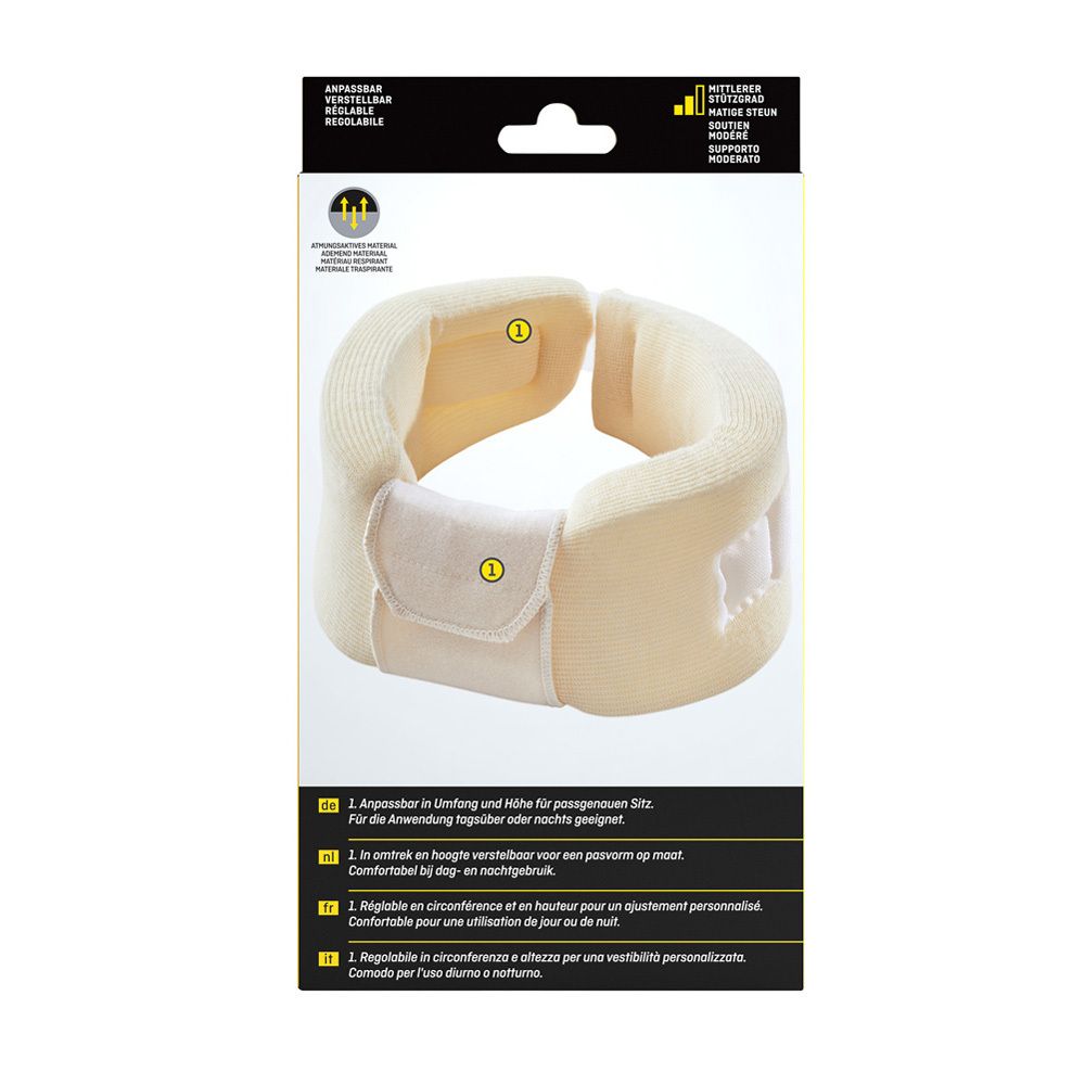 Emballage avec collier cervical et instructions. Logo 3M™ FUTURO. Textes en allemand, néerlandais, français et italien.