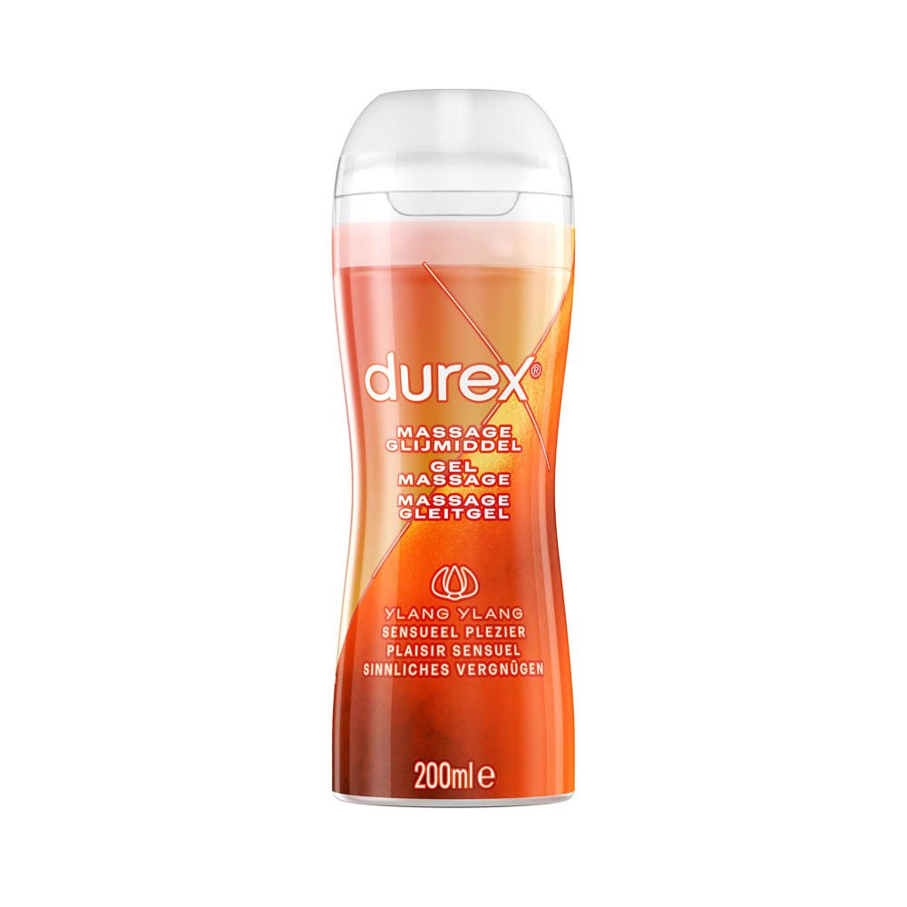 Oranje fles met witte dop. Opschrift: durex, Massage Gleitmittel, Gel Massage, Massage Gleitgel. Ylang Ylang.