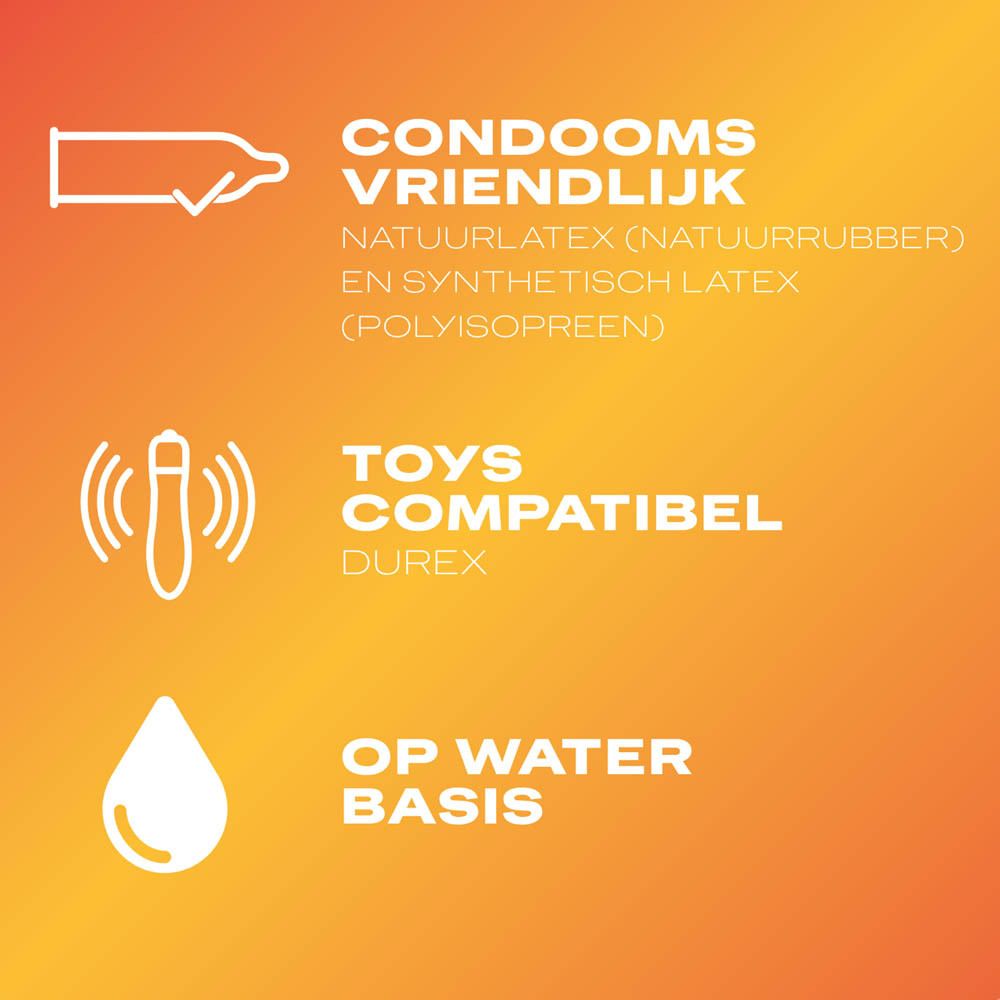 Tekst op oranje achtergrond. Condoms vriendelijk, Toys compatibel, op waterbasis.