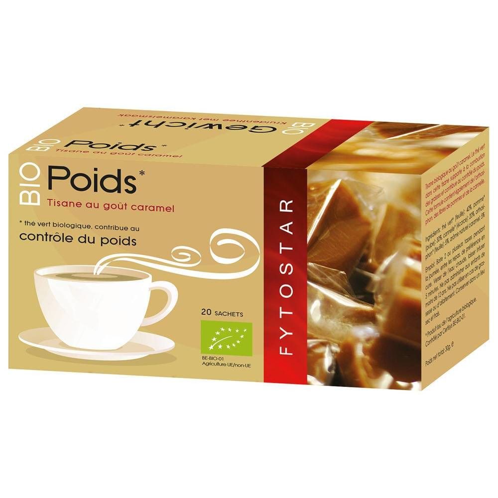 Boîte de tisane. Inscription : BIO Poids, Tisane au goût caramel, 20 sachets. Logo agriculture biologique. Contient des sachets.