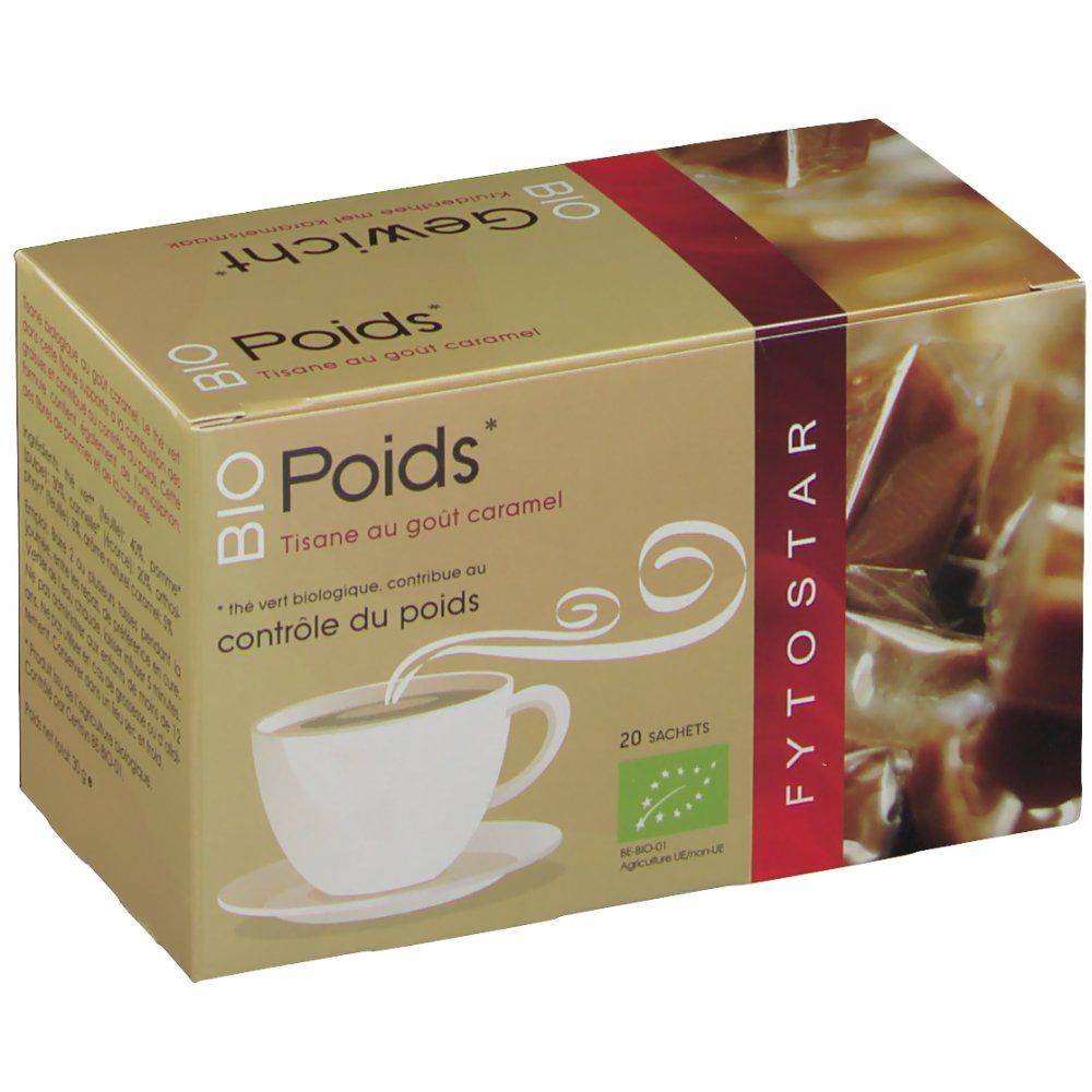 Boîte de tisane. Inscription : BIO Poids, Tisane au goût caramel, 20 sachets. Logo agriculture biologique. Contient des sachets.