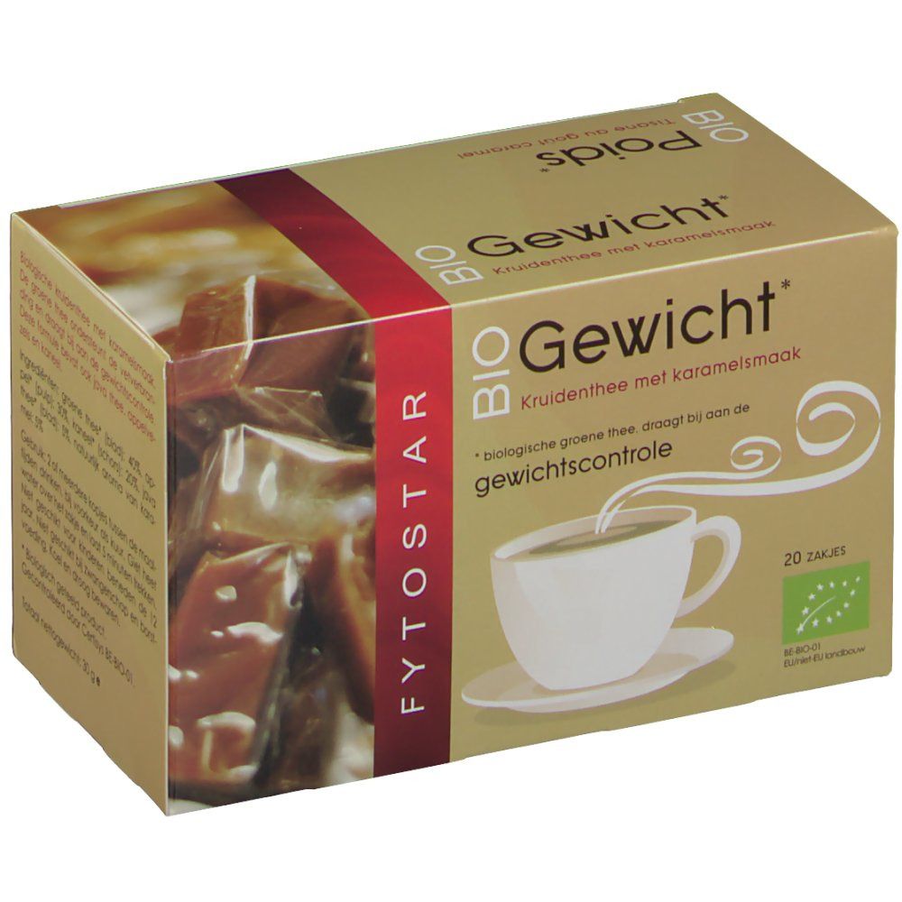 Boîte de tisane. Inscription : BIO Poids, Tisane au goût caramel, 20 sachets. Logo agriculture biologique. Contient des sachets.