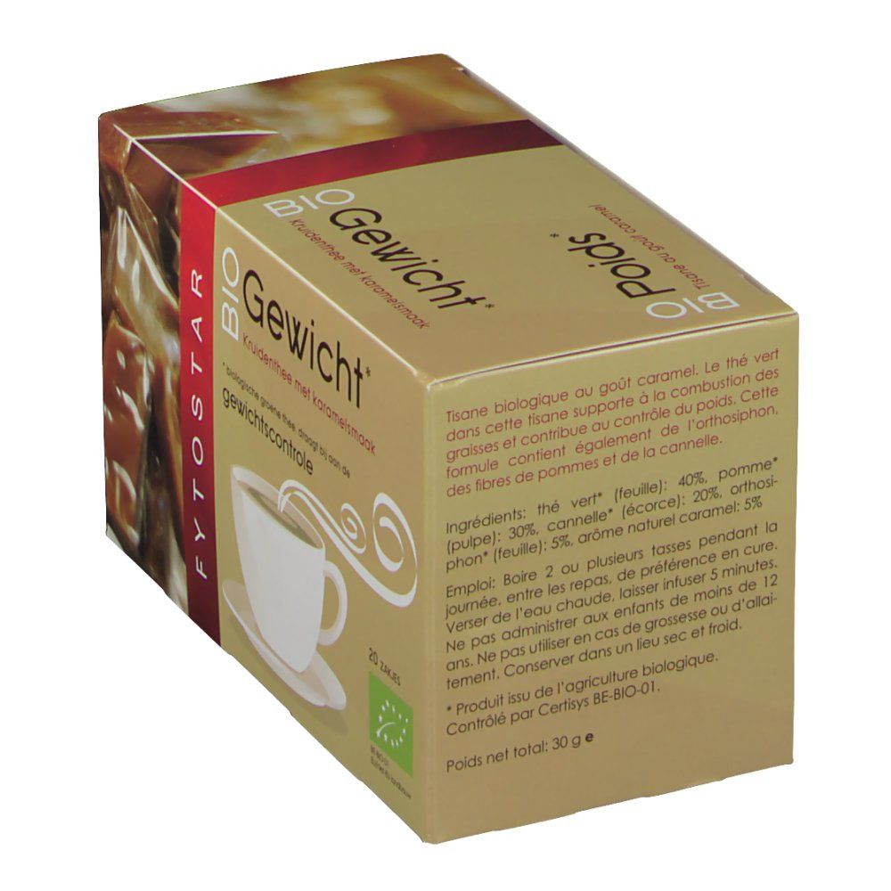 Boîte de tisane. Inscription : BIO Poids, Tisane au goût caramel, 20 sachets. Logo agriculture biologique. Contient des sachets.