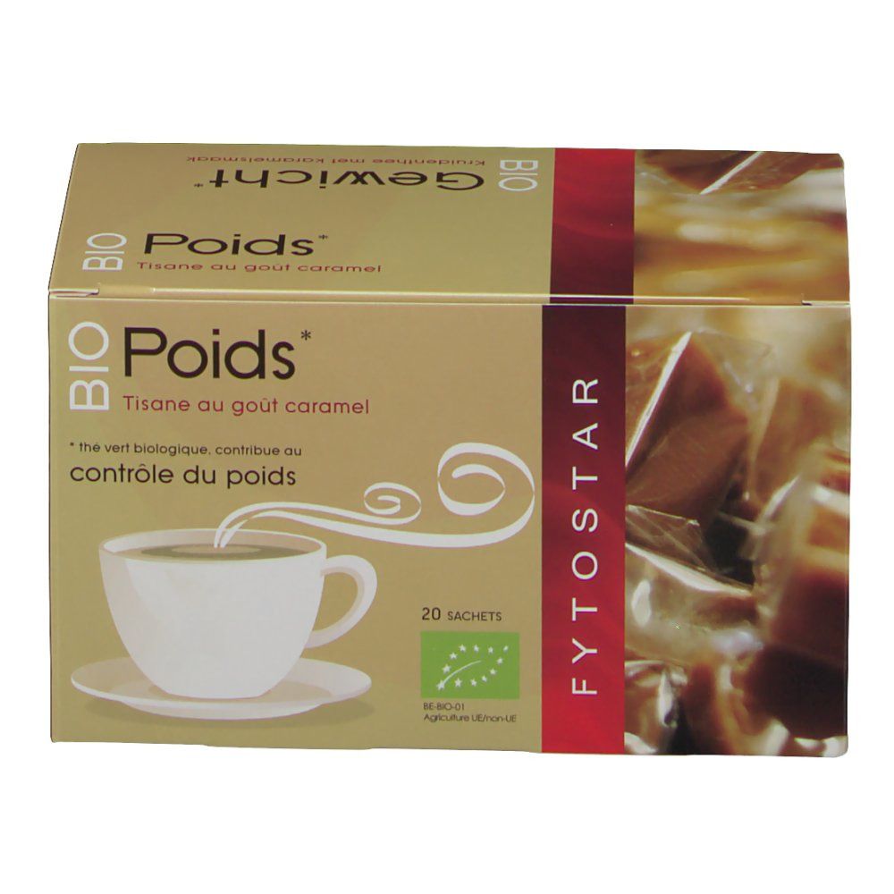 Boîte de tisane. Inscription : BIO Poids, Tisane au goût caramel, 20 sachets. Logo agriculture biologique. Contient des sachets.