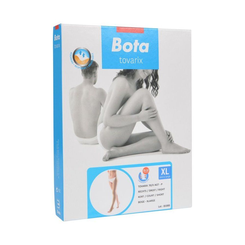 Boîte Bota Tovarix. Box bleu et blanc avec illustration du produit et indication de taille XL. Vêtement beige pour jambe.