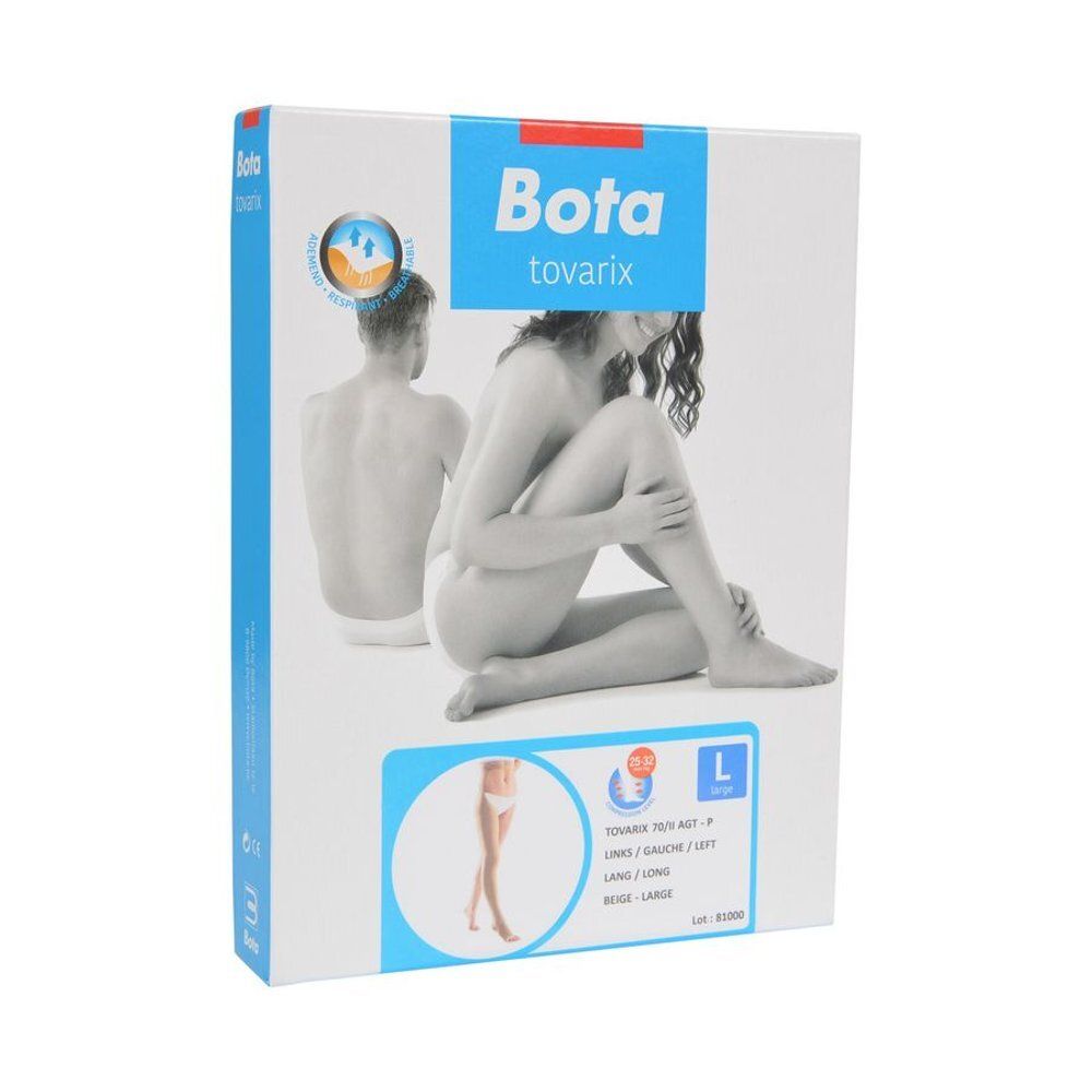 Boîte Bota Tovarix. Carton blanc avec image produit et accents bleus. Taille L.