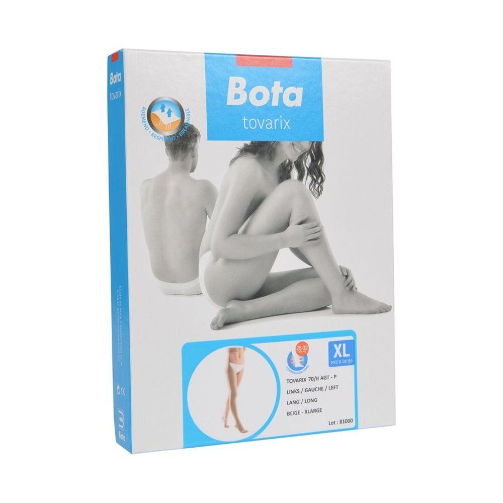 Boîte Bota Tovarix, XL, beige. Illustration d'une personne. Texte: Tovarix, Lang Links, Beige. Certification.