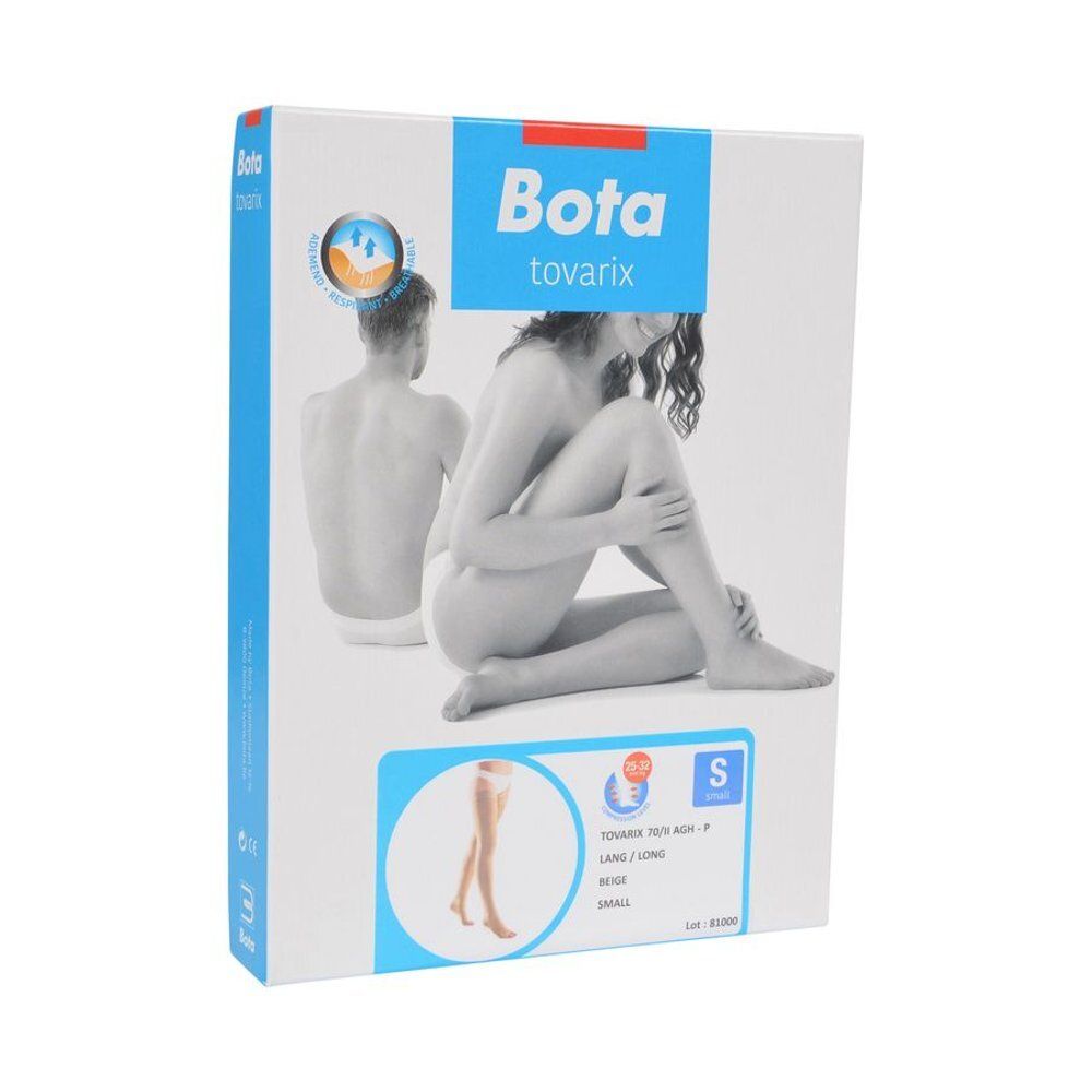 Beige compressiekousen, gedragen door een persoon. Kniehoogte. Open teen. Zicht van onderaf.